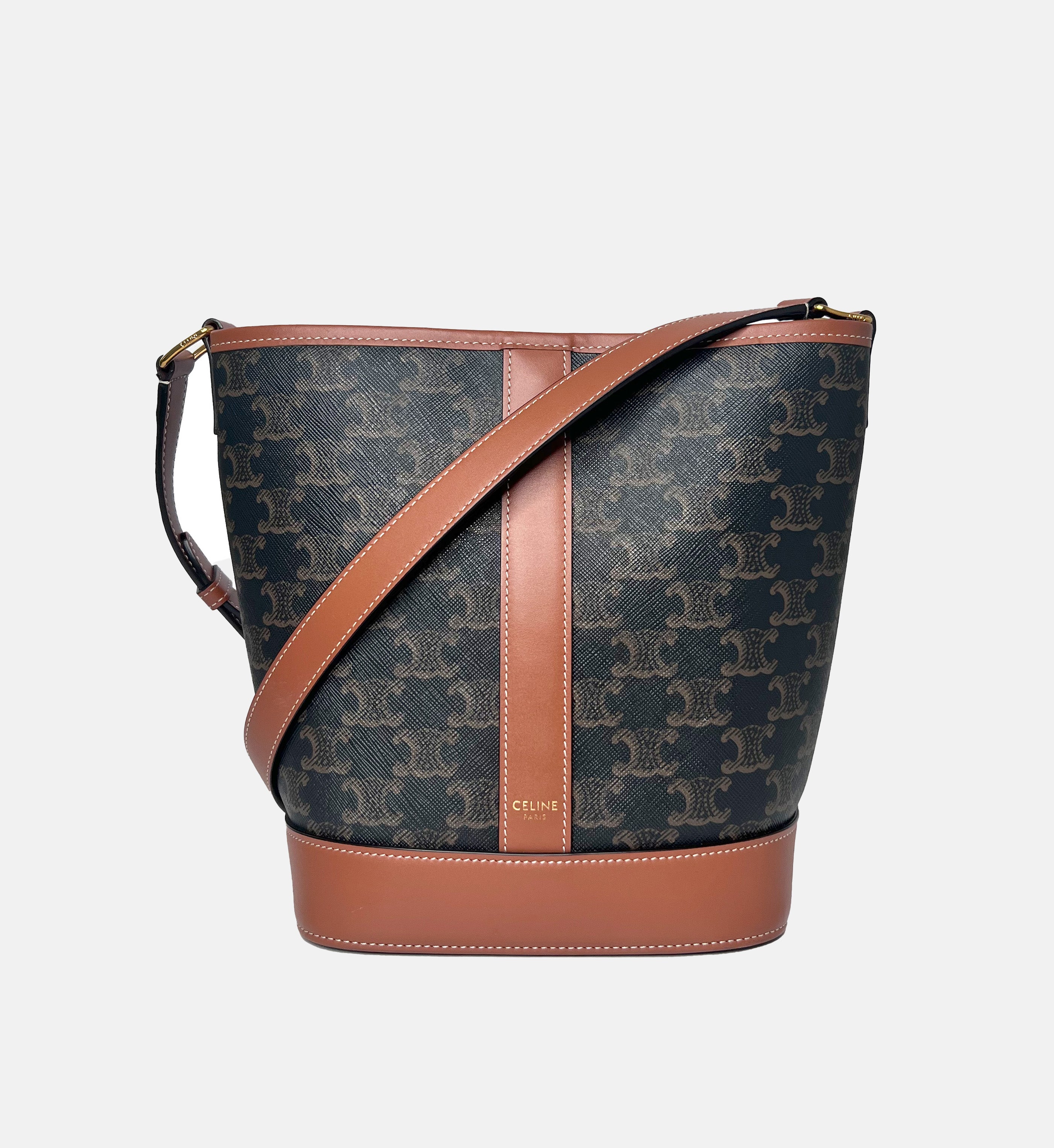 Celine Small Bucket in Triomphe Canvas and Calfskin Tan
