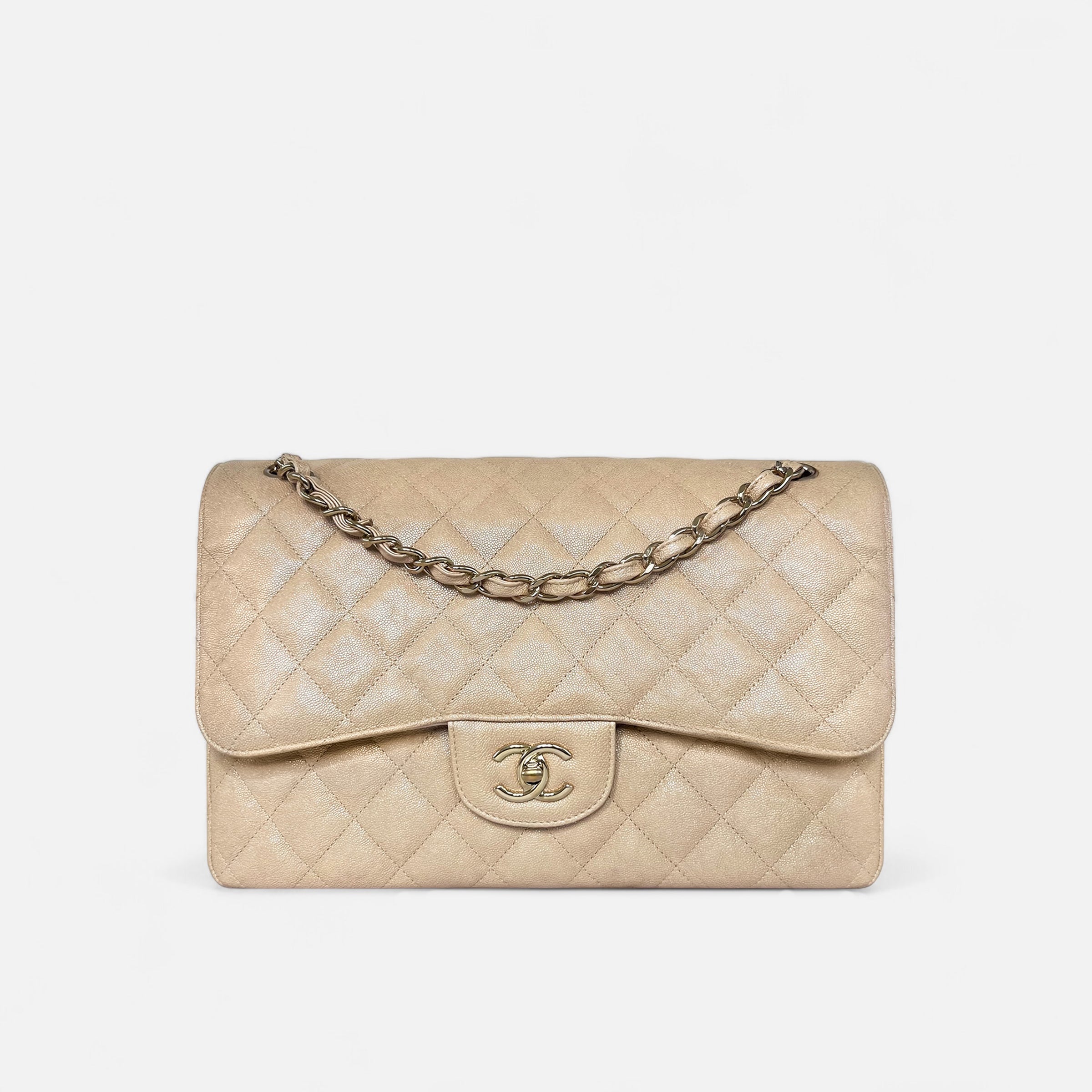 19S Jumbo in Iridescent Double Flap Beige Caviar Lambskin With GHW