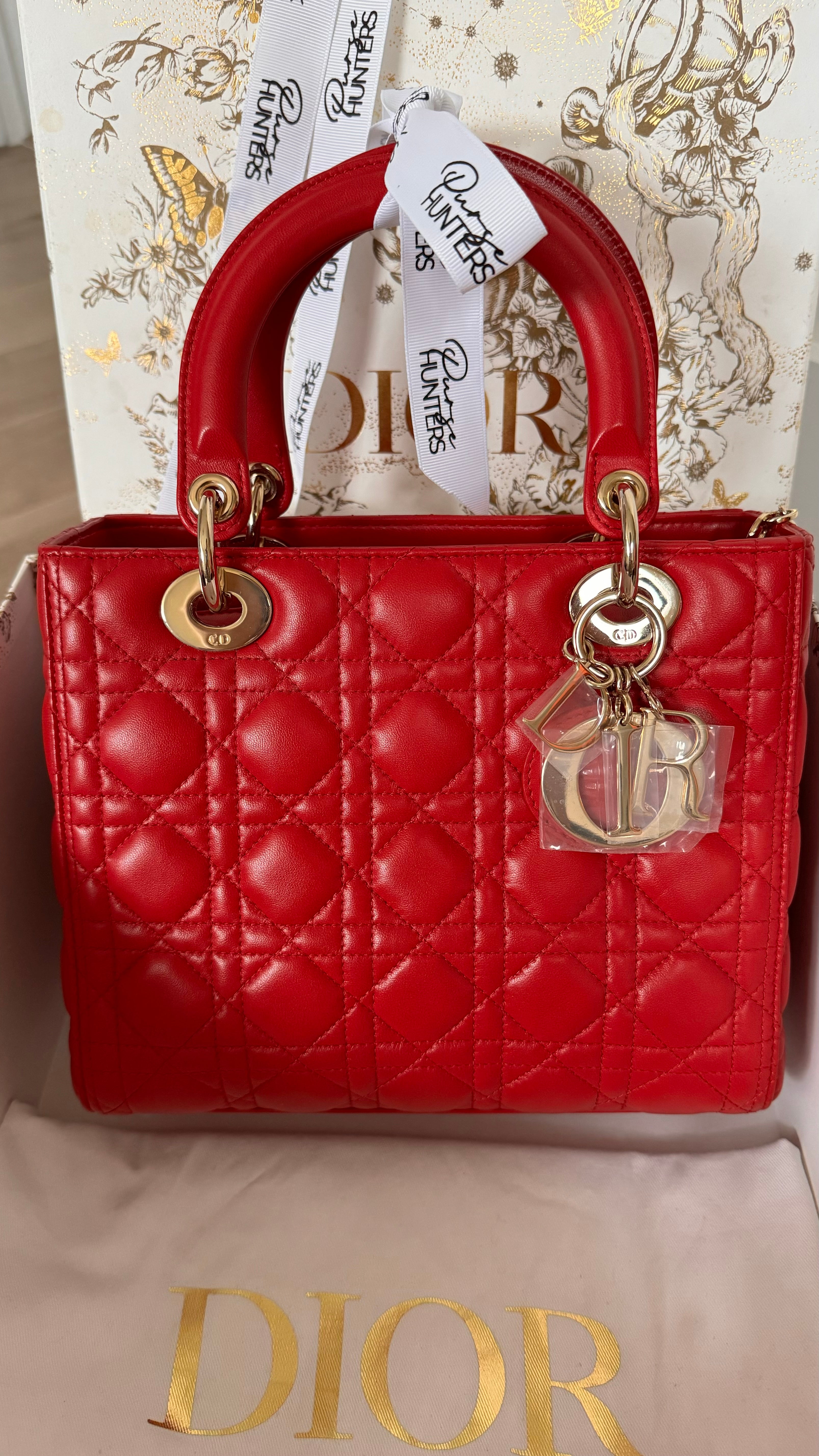 DIOR Lady Dior Medium in Red Lambskin with SHW