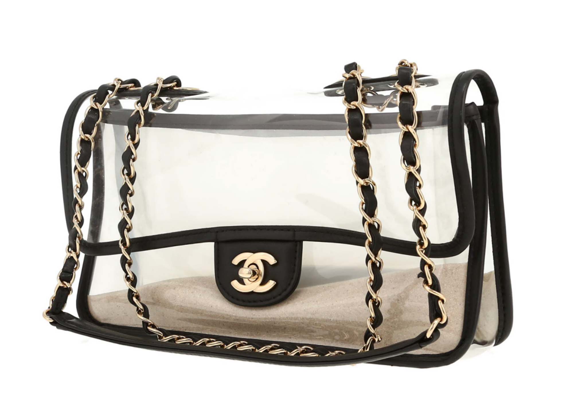 CC Timeless Sand By The Sea Handbag in Transparent Vinyl and Black Leather