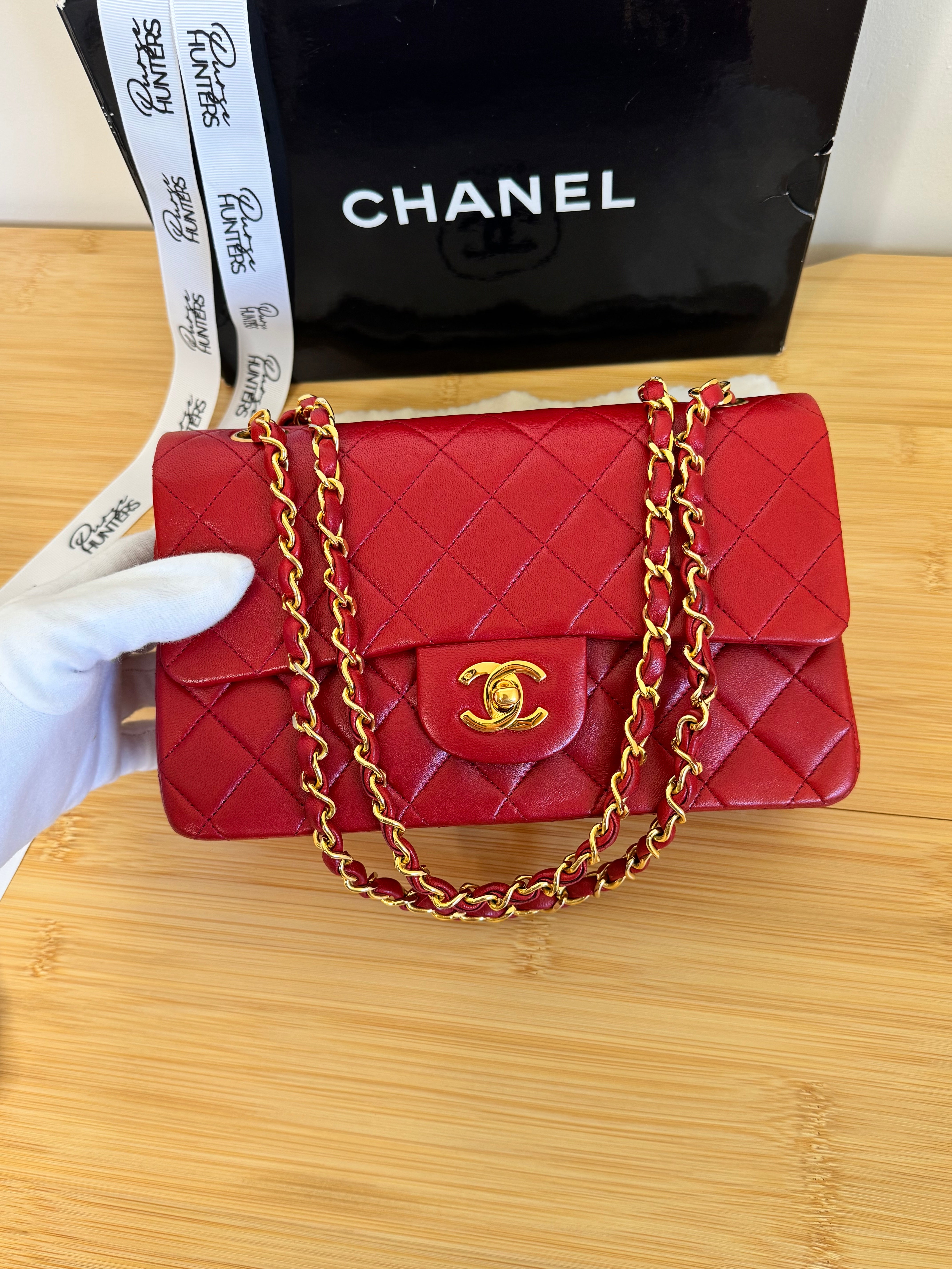 Classic Vintage Medium Double Flap In Red Lambskin with Gold Hardware