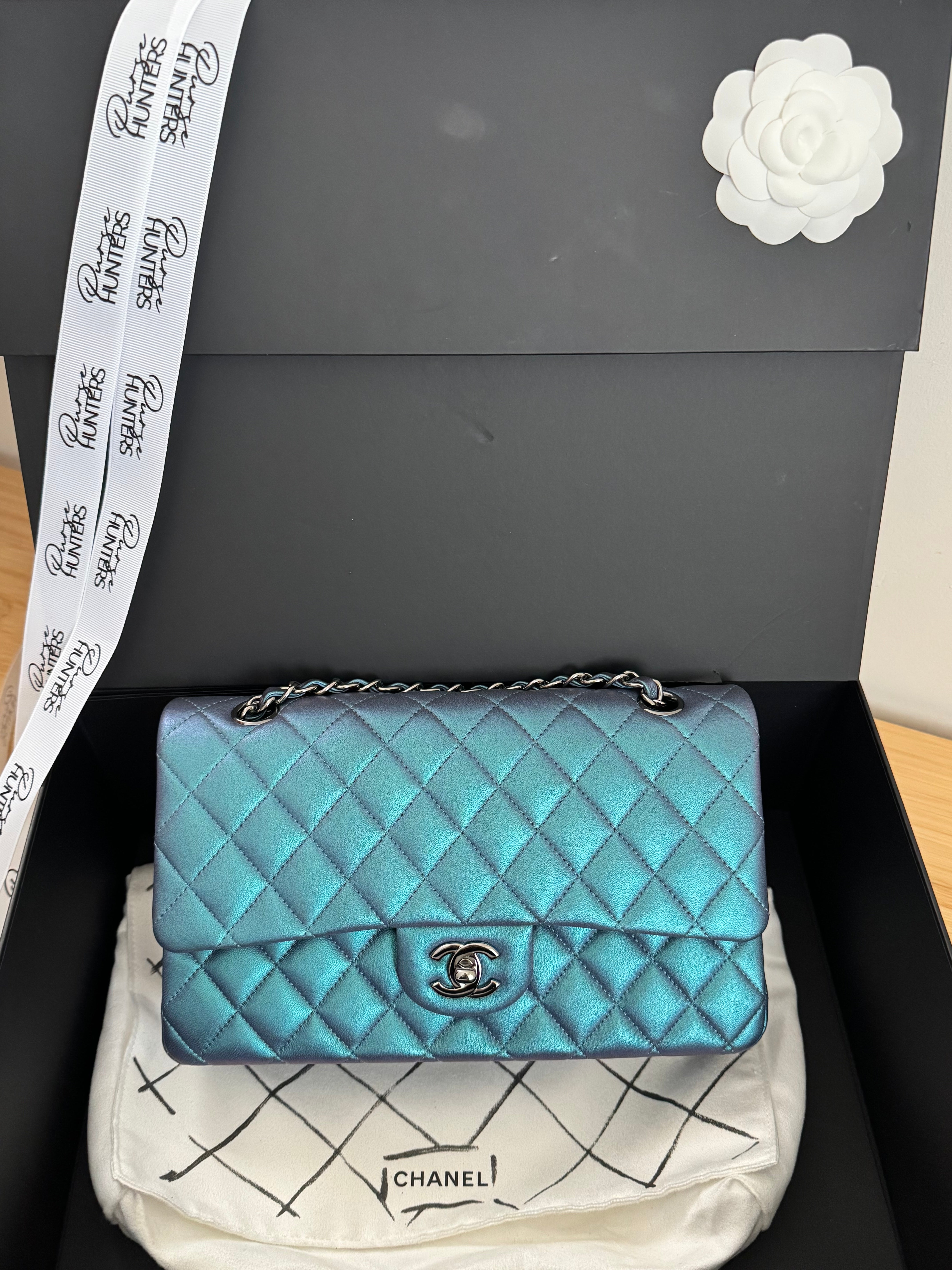 22P CC Classic Medium Double Flap in Blue Iridescent Diamond Lambskin with GHW