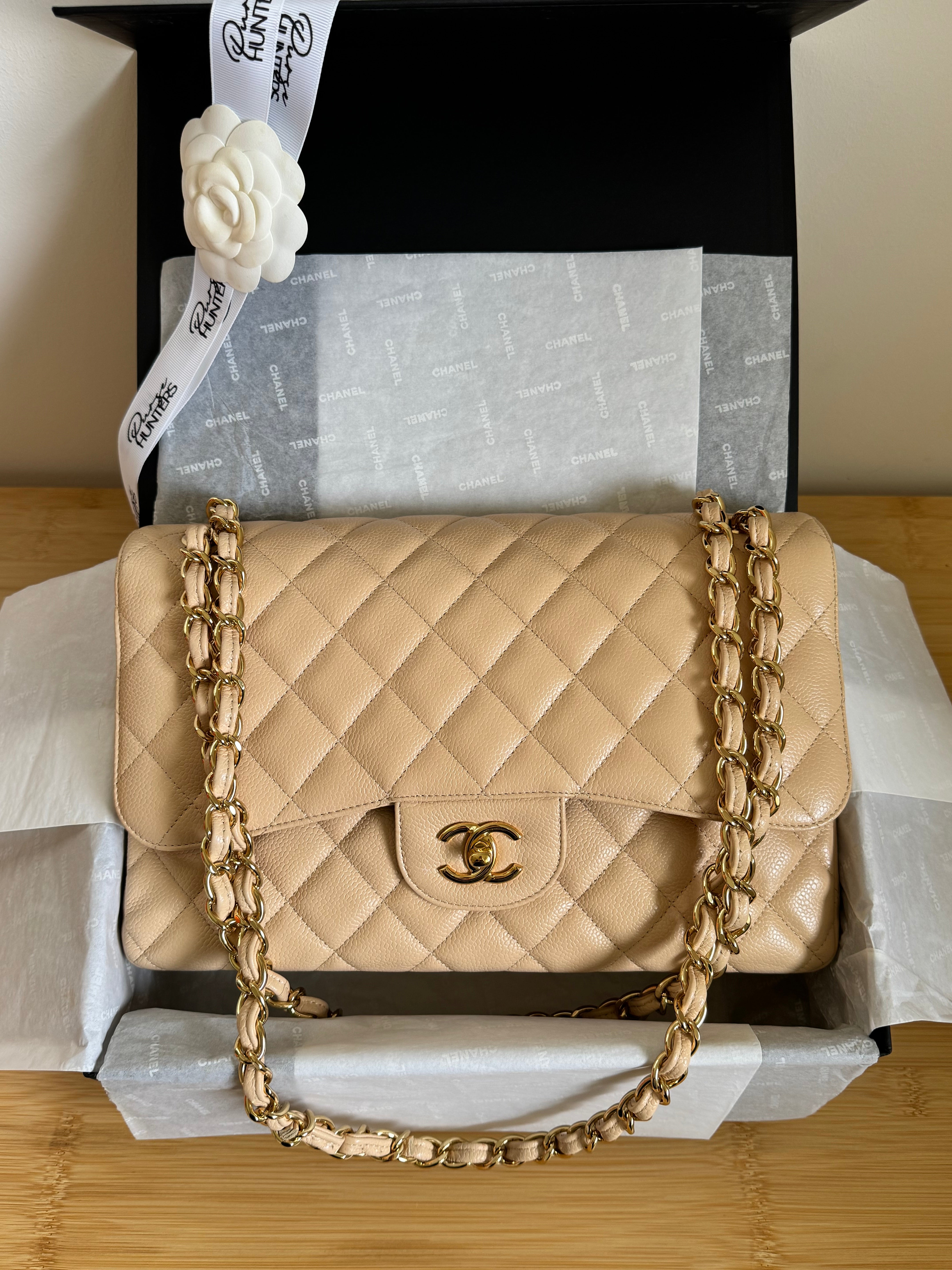 Classic Jumbo Double Flap in Beige Caviar With GHW
