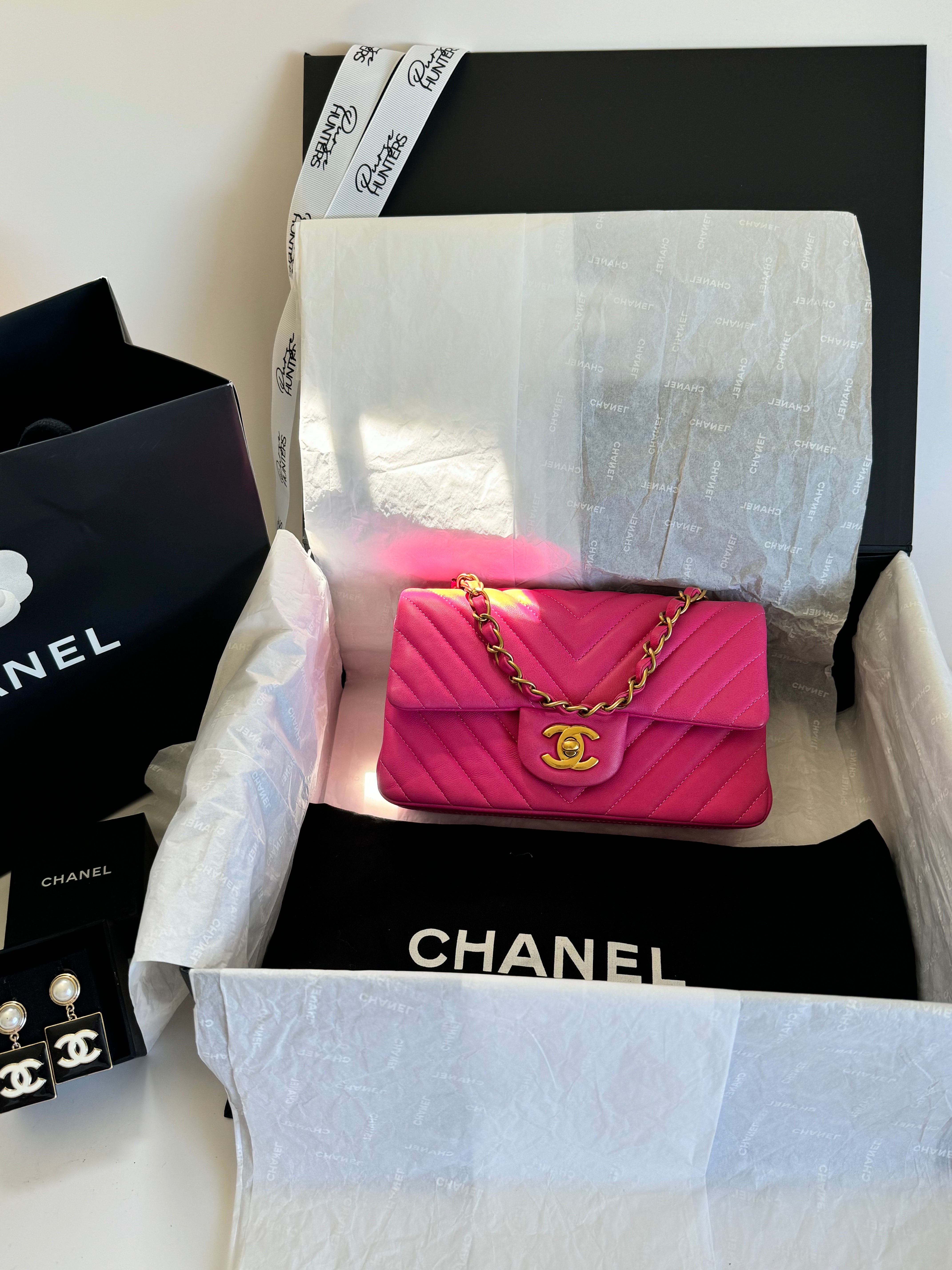 CC Mini Rectangular Chevron in Pink Lambskin GHW