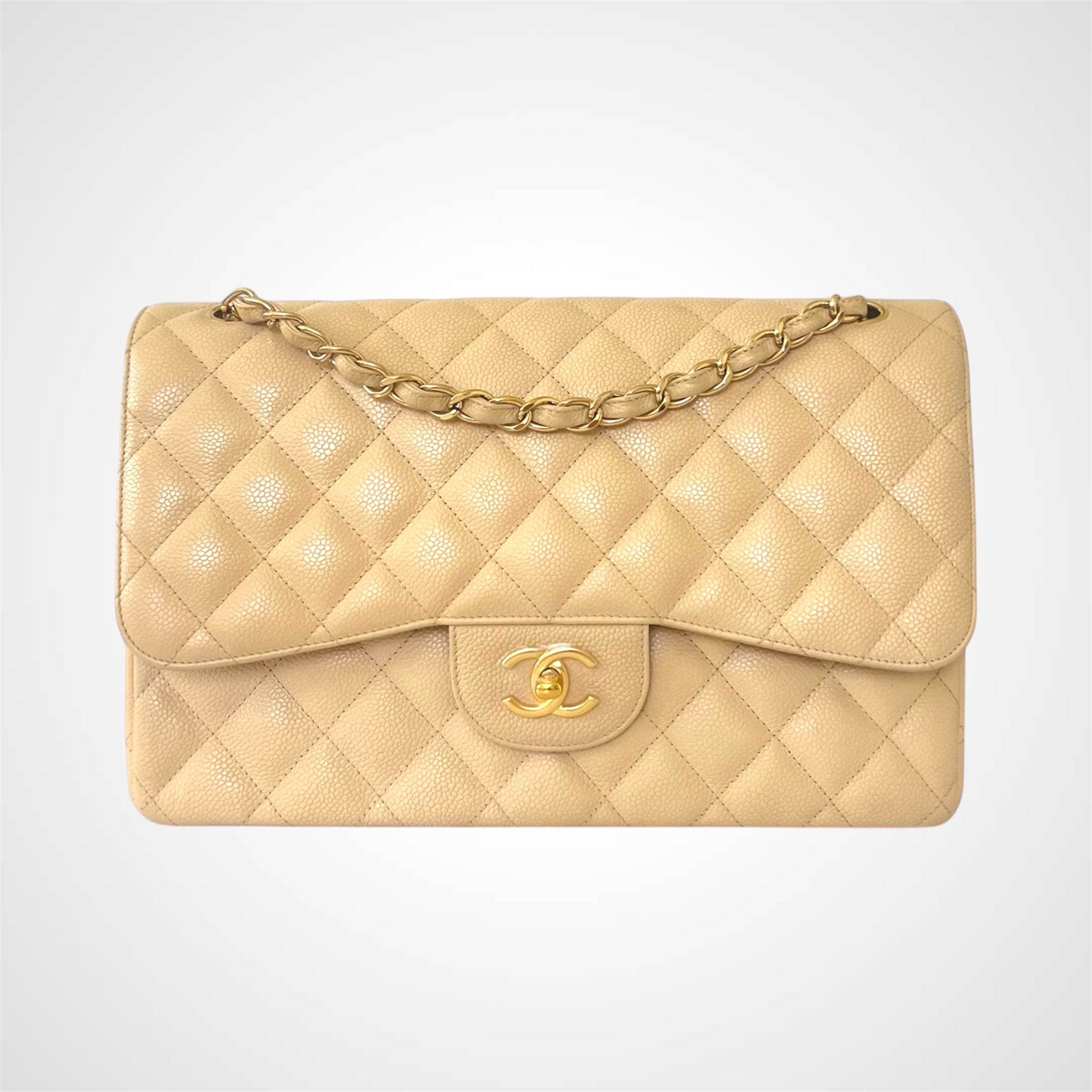 Classic Jumbo Double Flap in Beige Caviar With GHW