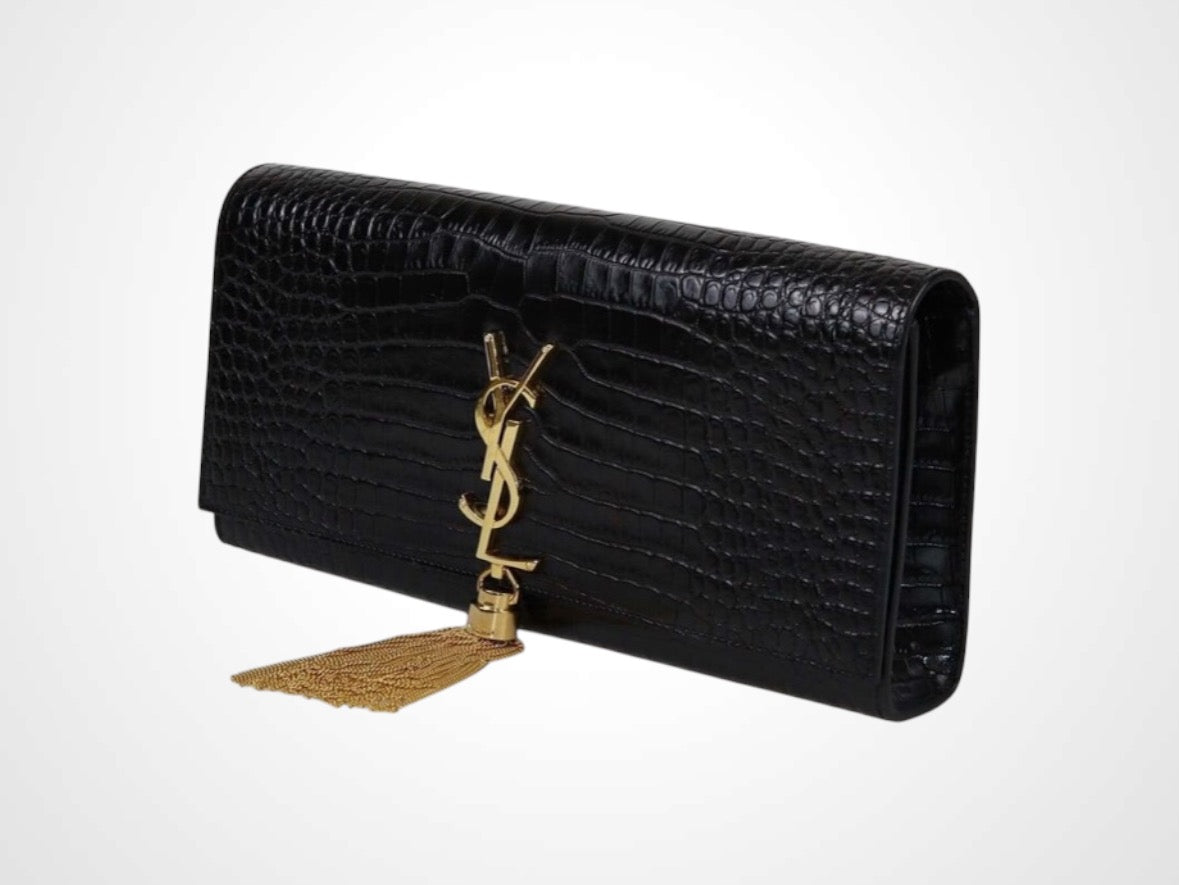 YSL Kate Clutch with Tassel in Crocodile-Embossed Leather