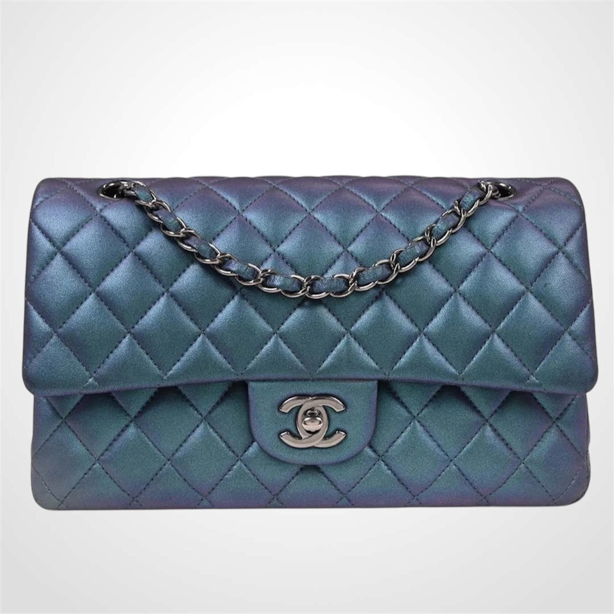 22P CC Classic Medium Double Flap in Blue Iridescent Diamond Lambskin with GHW
