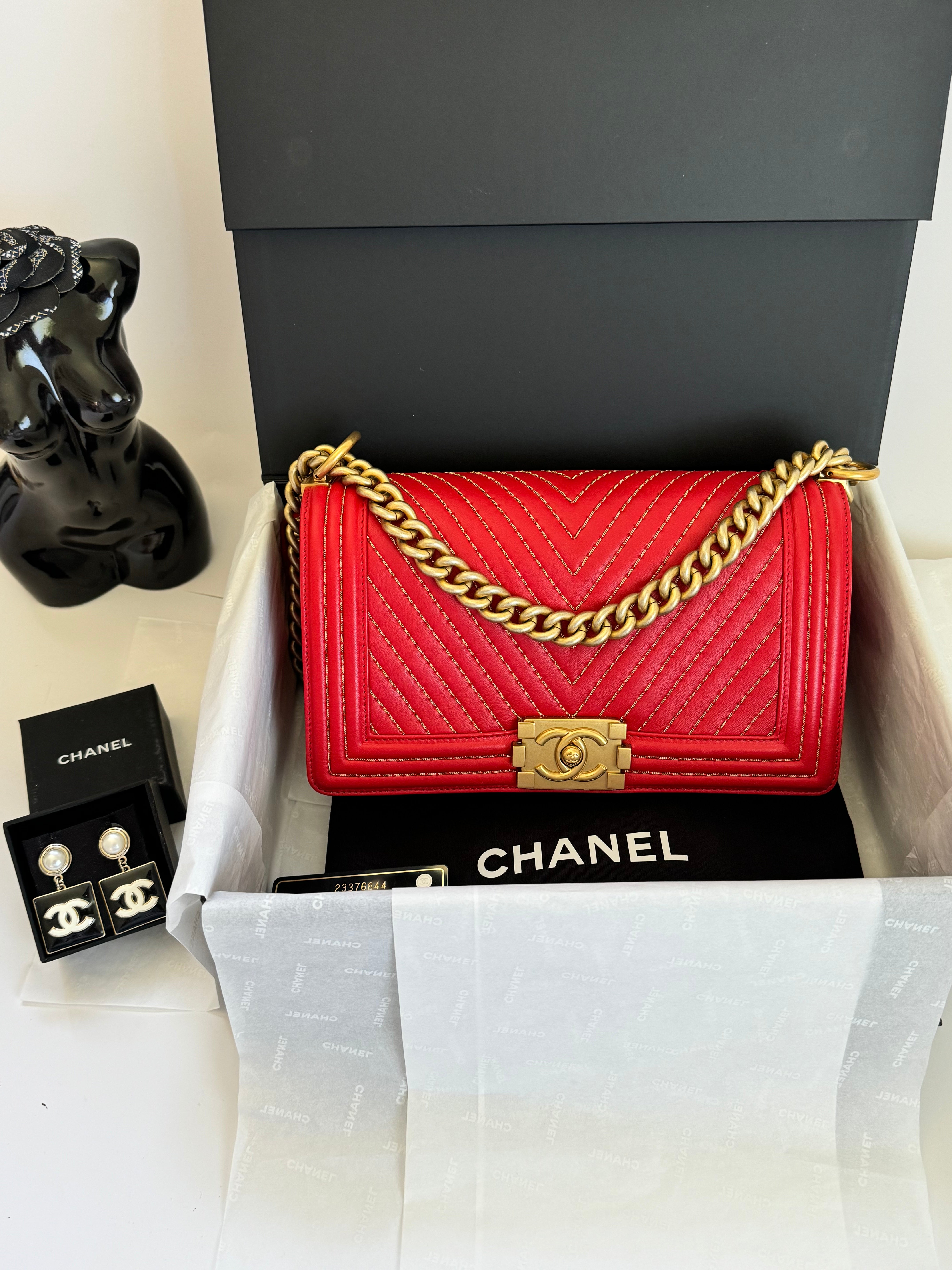 Le Boy Old Medium in Red Lambskin Gold Hardware