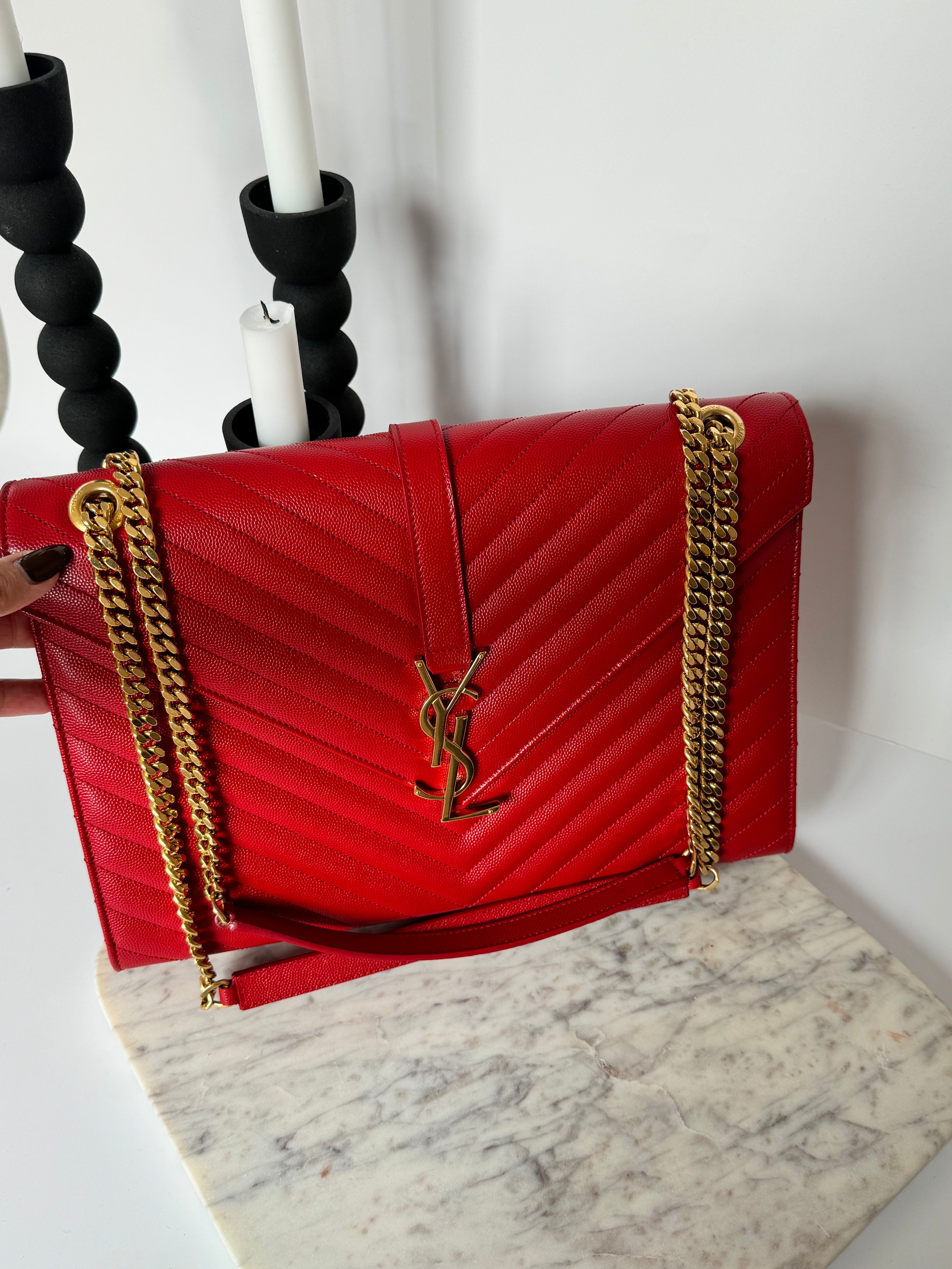 YSL Envelope Large In Red Grained Calfskin With GHW