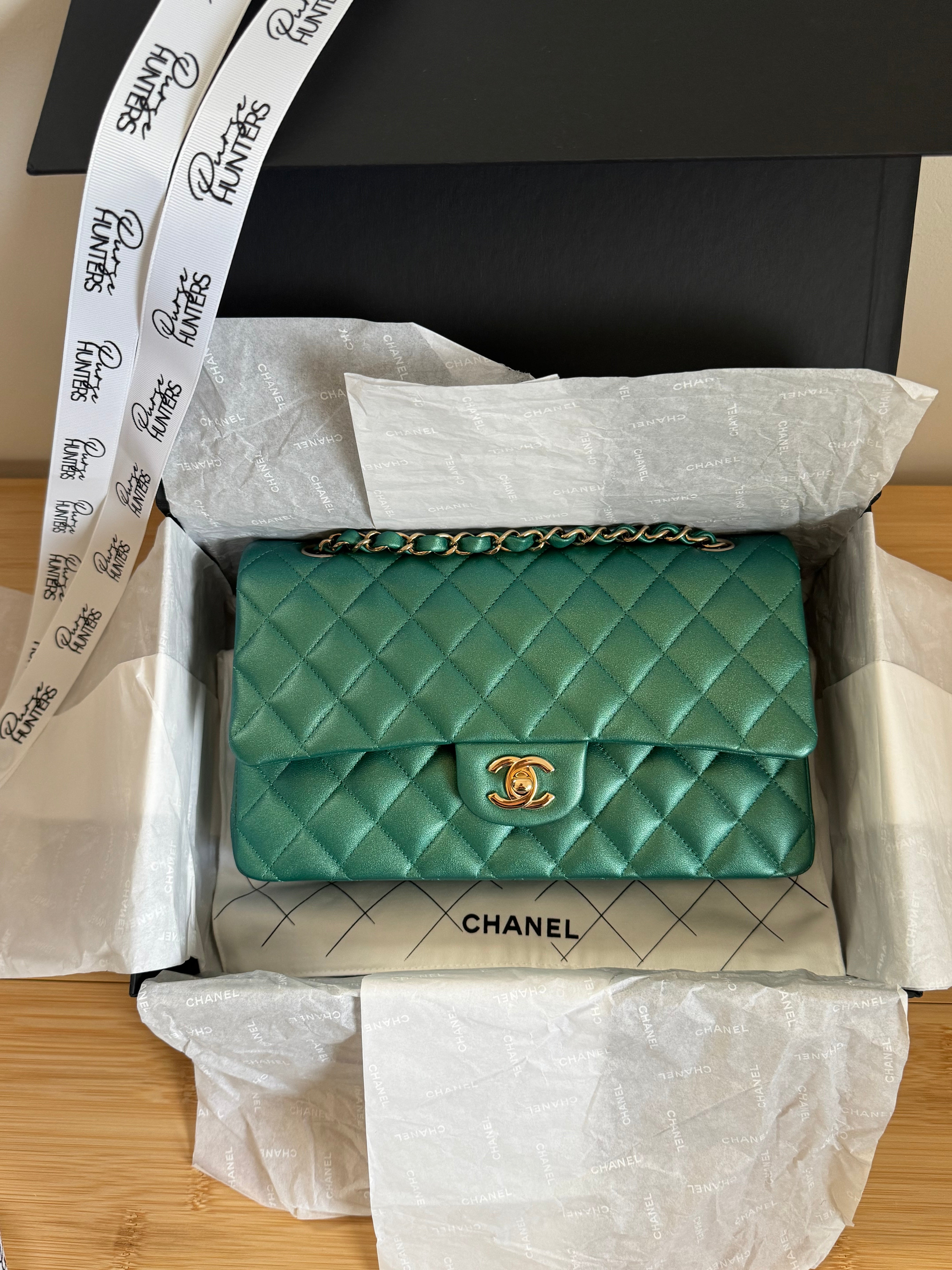 22A Chanel Classic Medium Double Flap In Emerald Green Iridescent Lambskin Gold Hardware