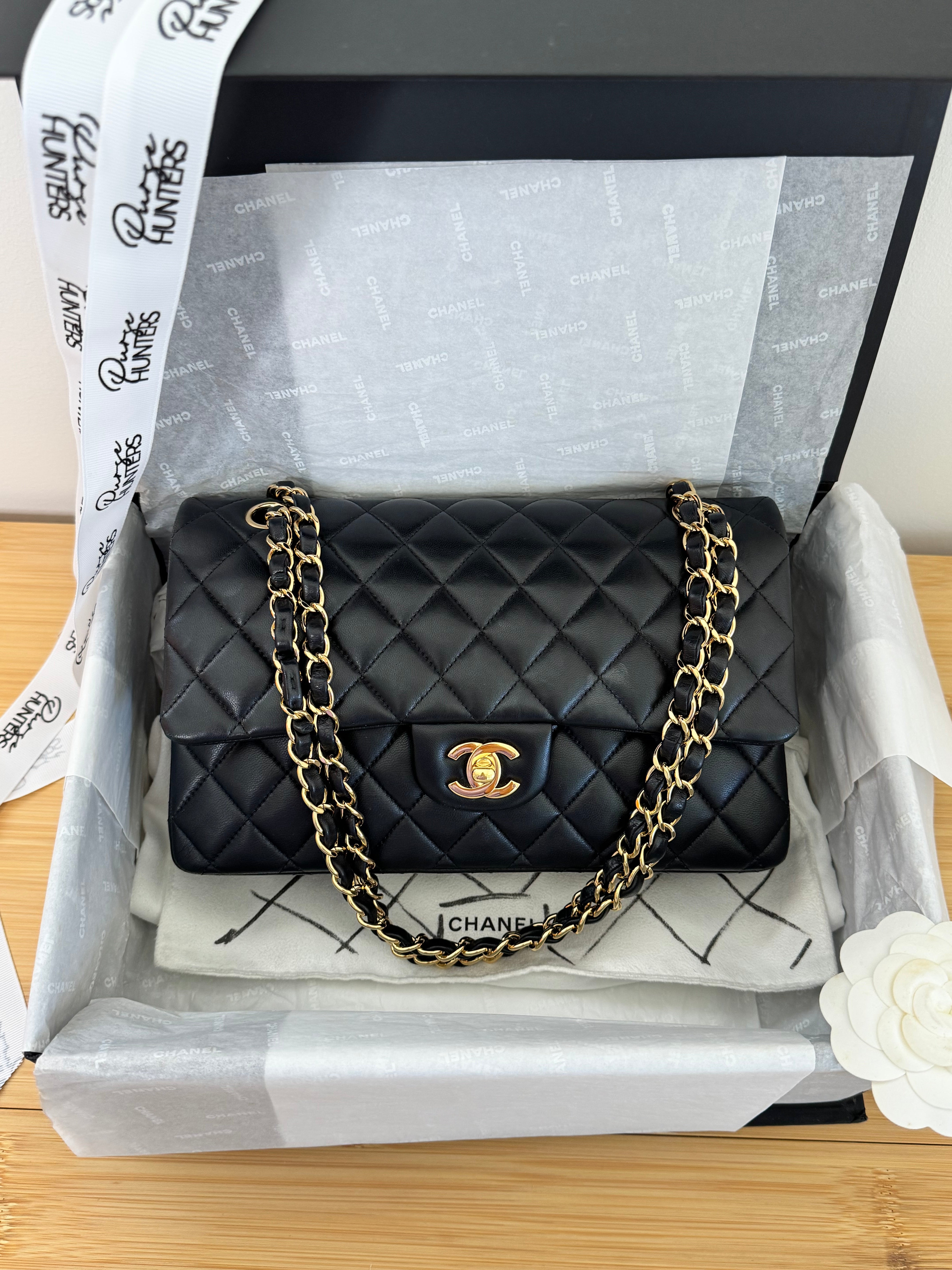 CC Classic Medium Double Flap in Black Diamond Lambskin with GHW