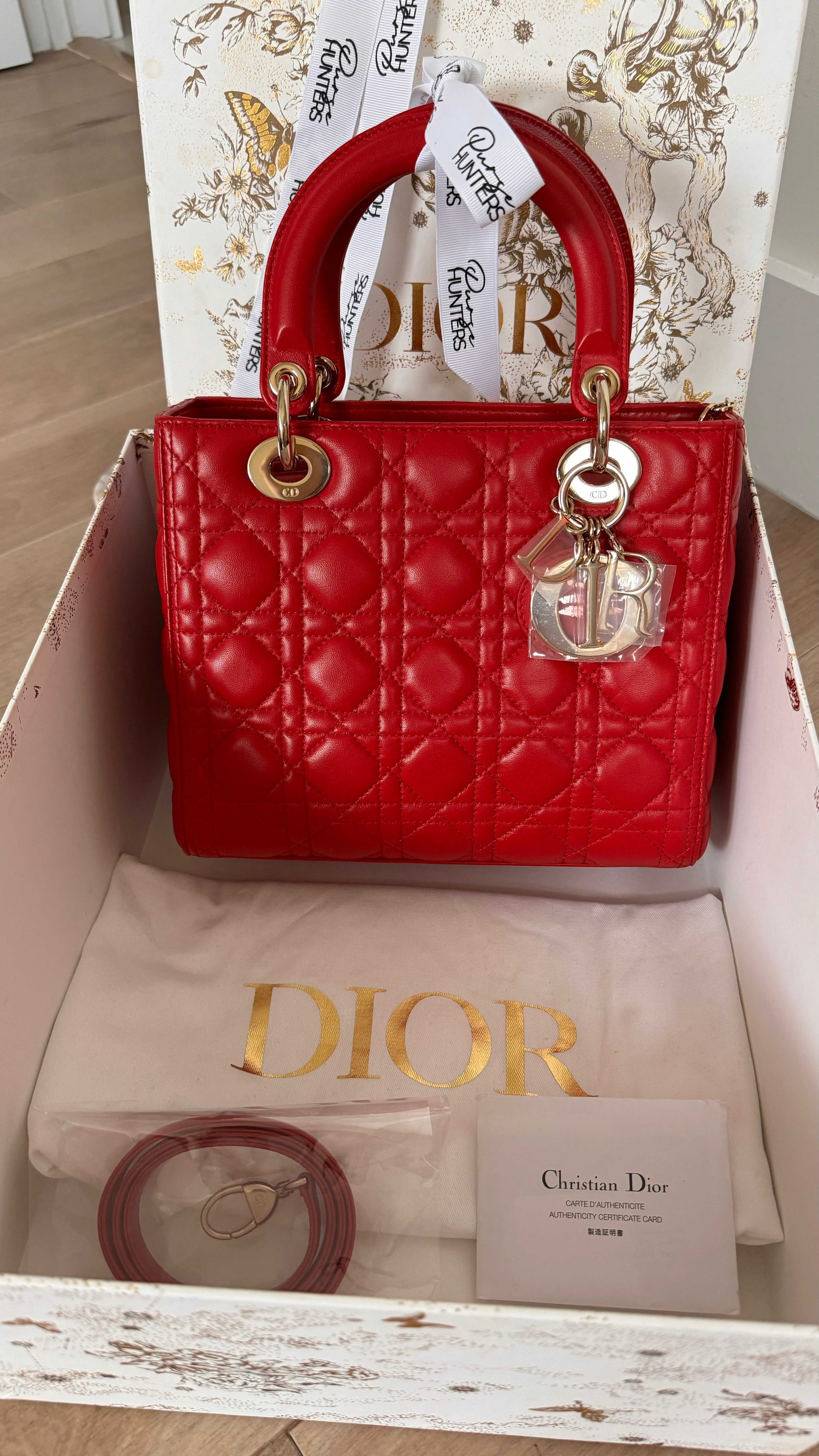 DIOR Lady Dior Medium in Red Lambskin with SHW