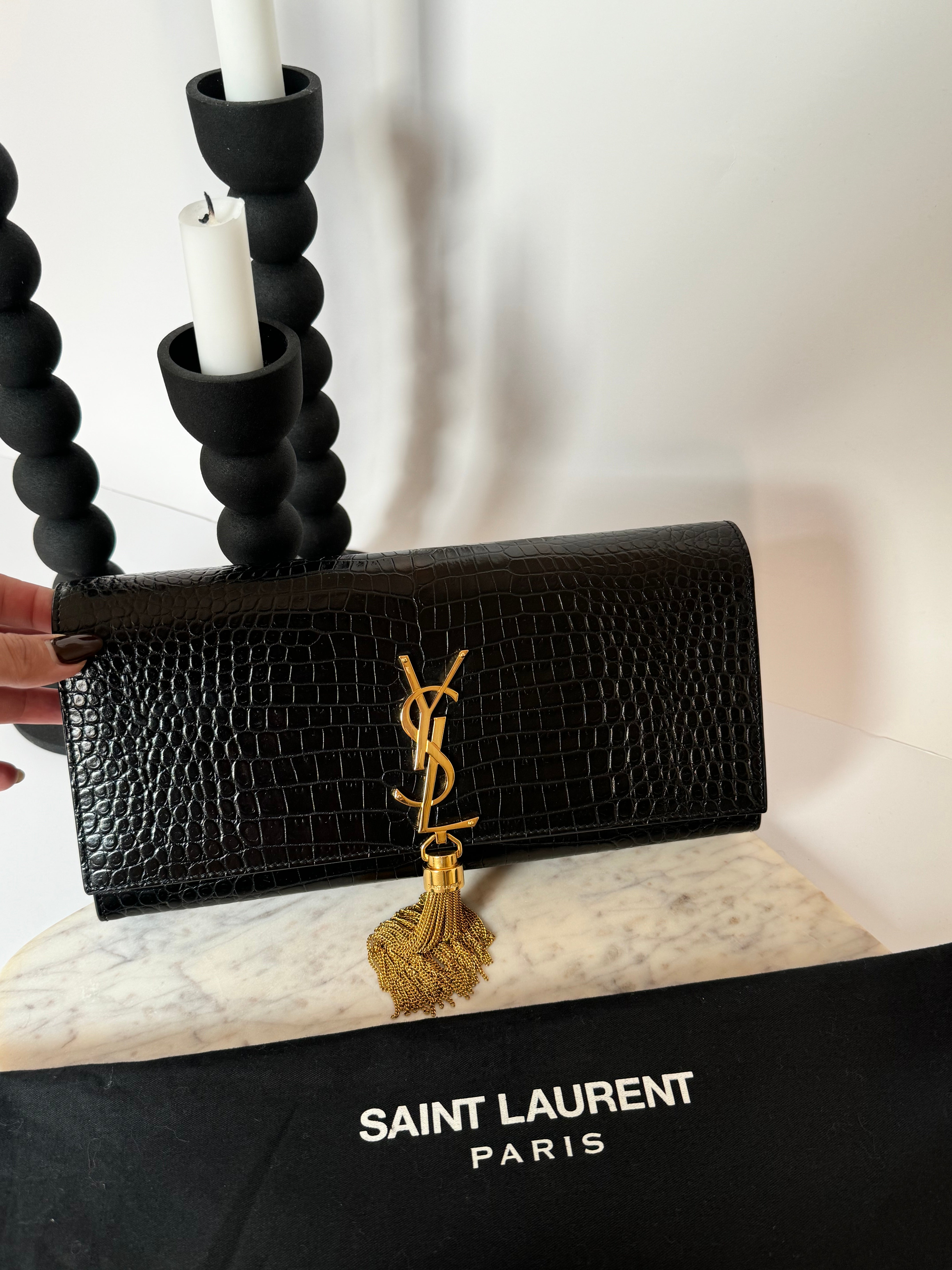 YSL Kate Clutch with Tassel in Crocodile-Embossed Leather