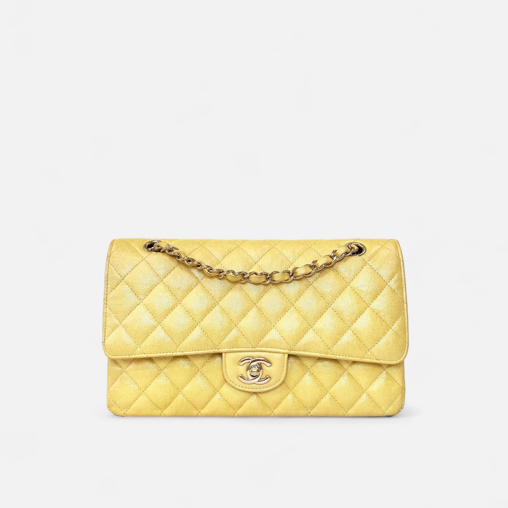 19S CC Iridescent Yellow Quilted Caviar Leather Medium Double Flap Bag