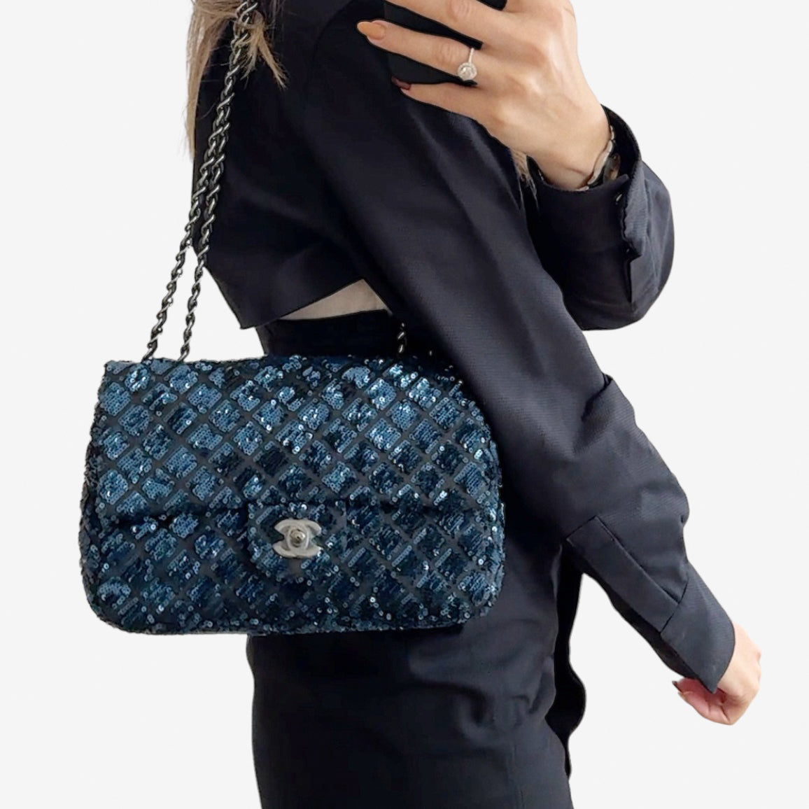 CC Sequin Seasonal Flap Medium Navy with Dark Silver Hardware