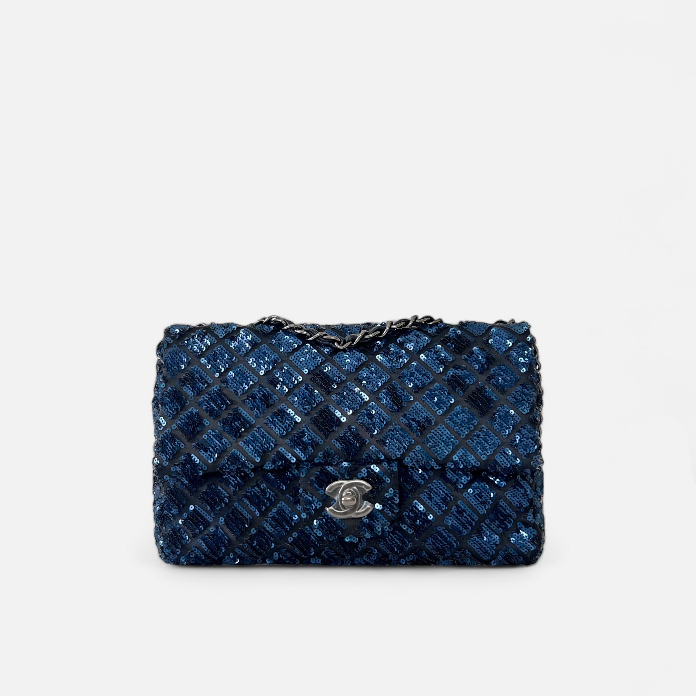 CC Sequin Seasonal Flap Medium Navy with Dark Silver Hardware