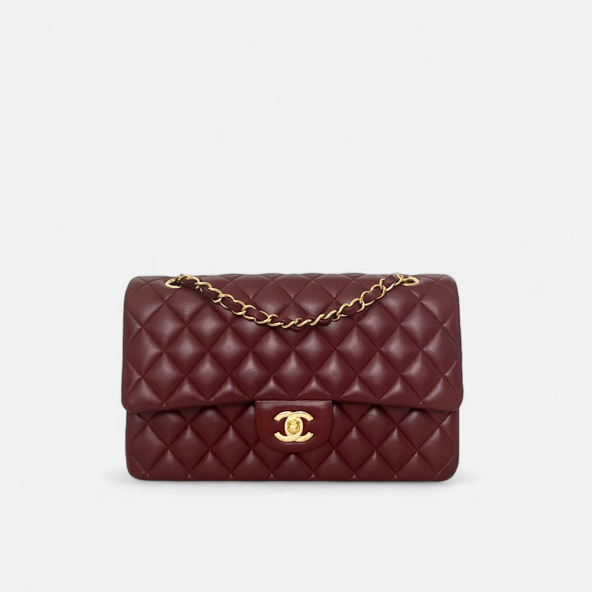 CC Classic Medium Double Flap In Burgundy Marsala Lambskin GHW