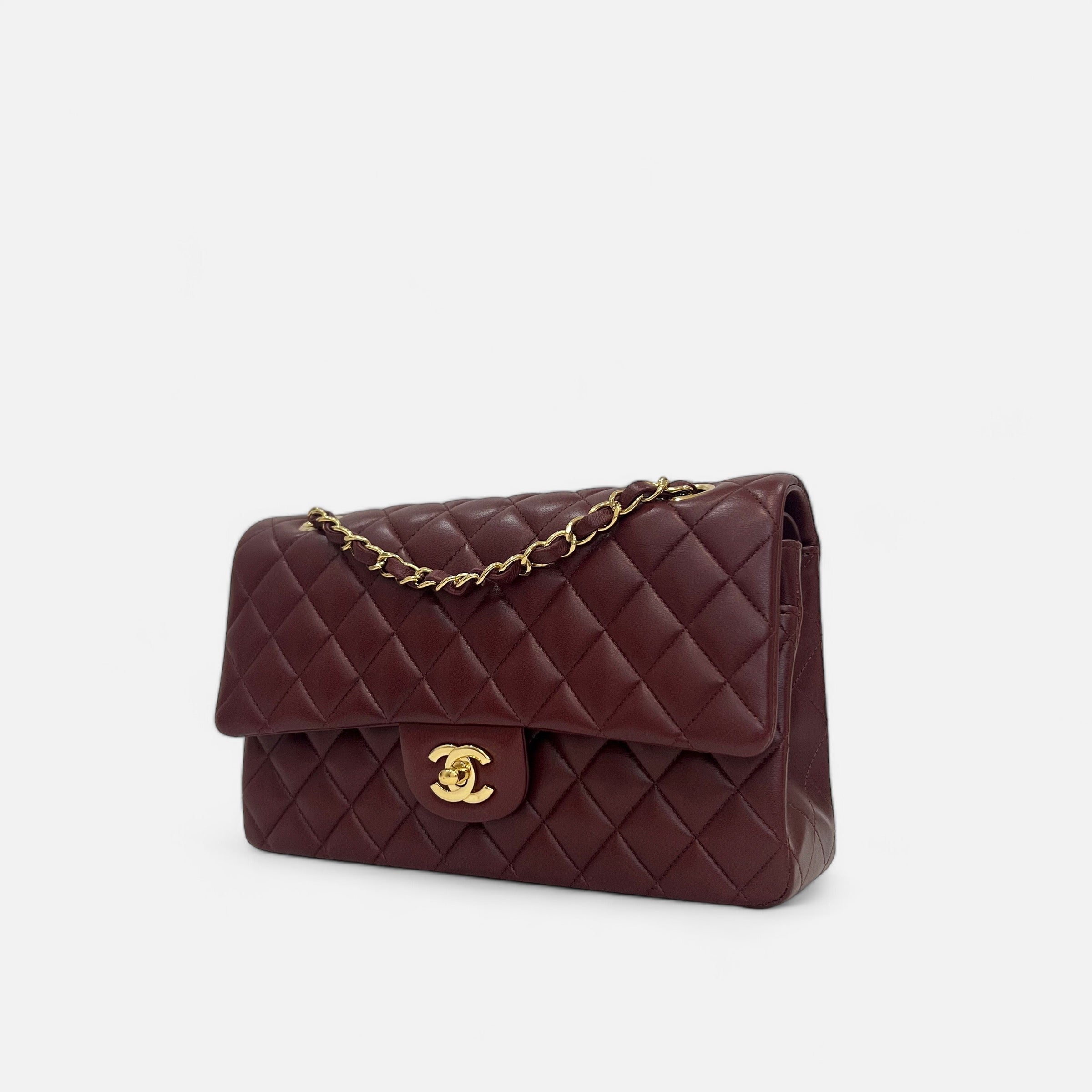 CC Classic Medium Double Flap In Burgundy Marsala Lambskin GHW