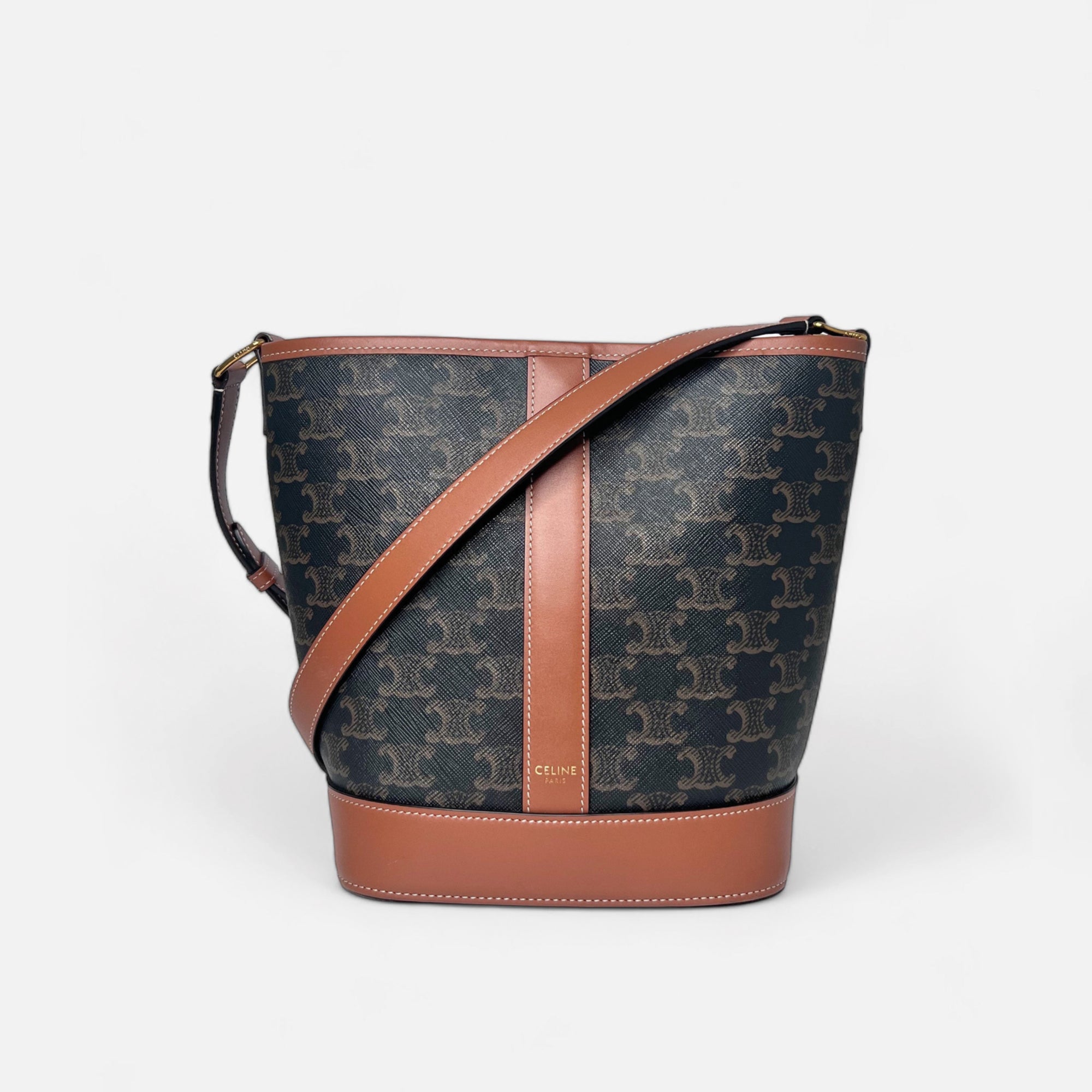 Celine Small Bucket in Triomphe Canvas and Calfskin Tan