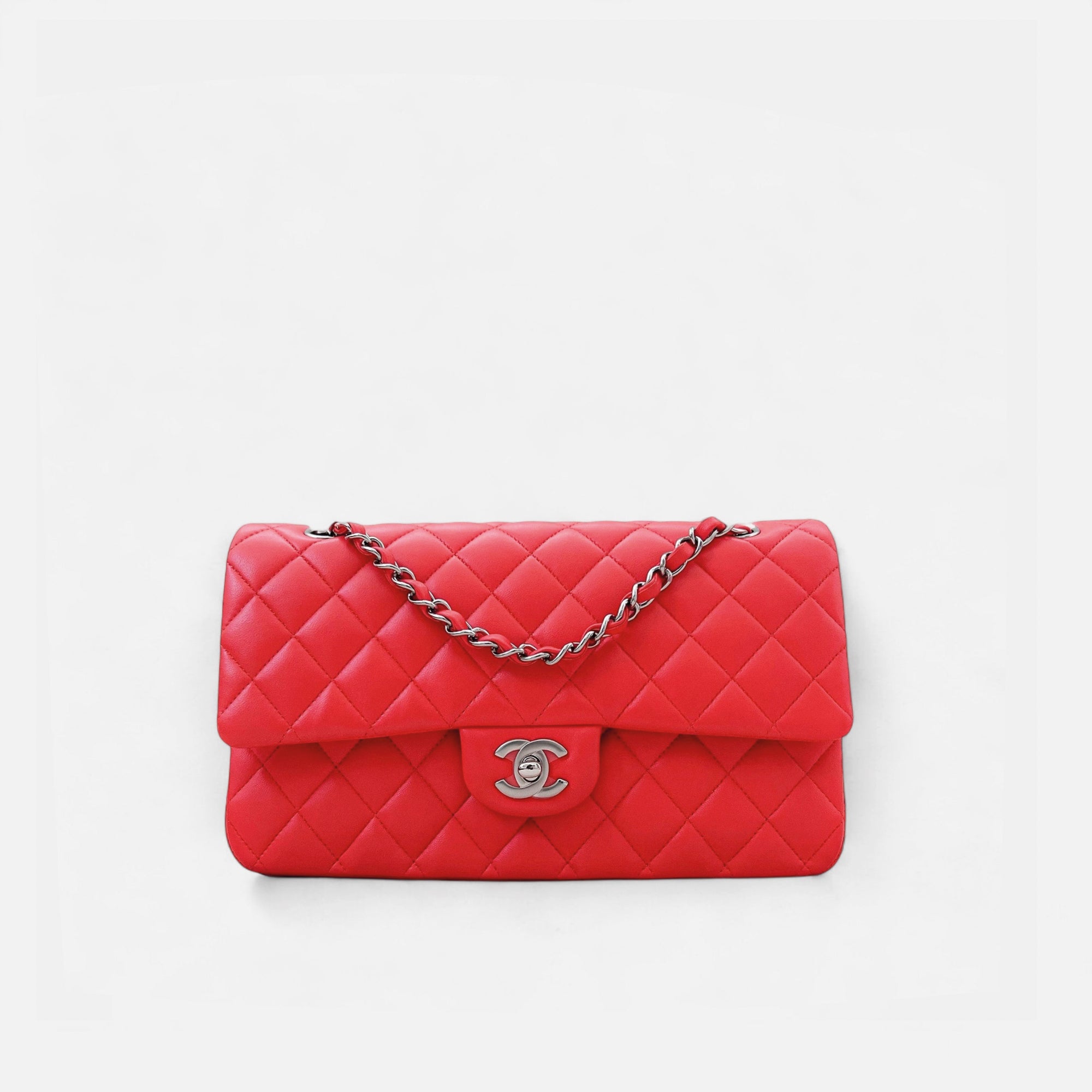 Classic Medium Double Flap In Red Lambskin with Silver Hardware