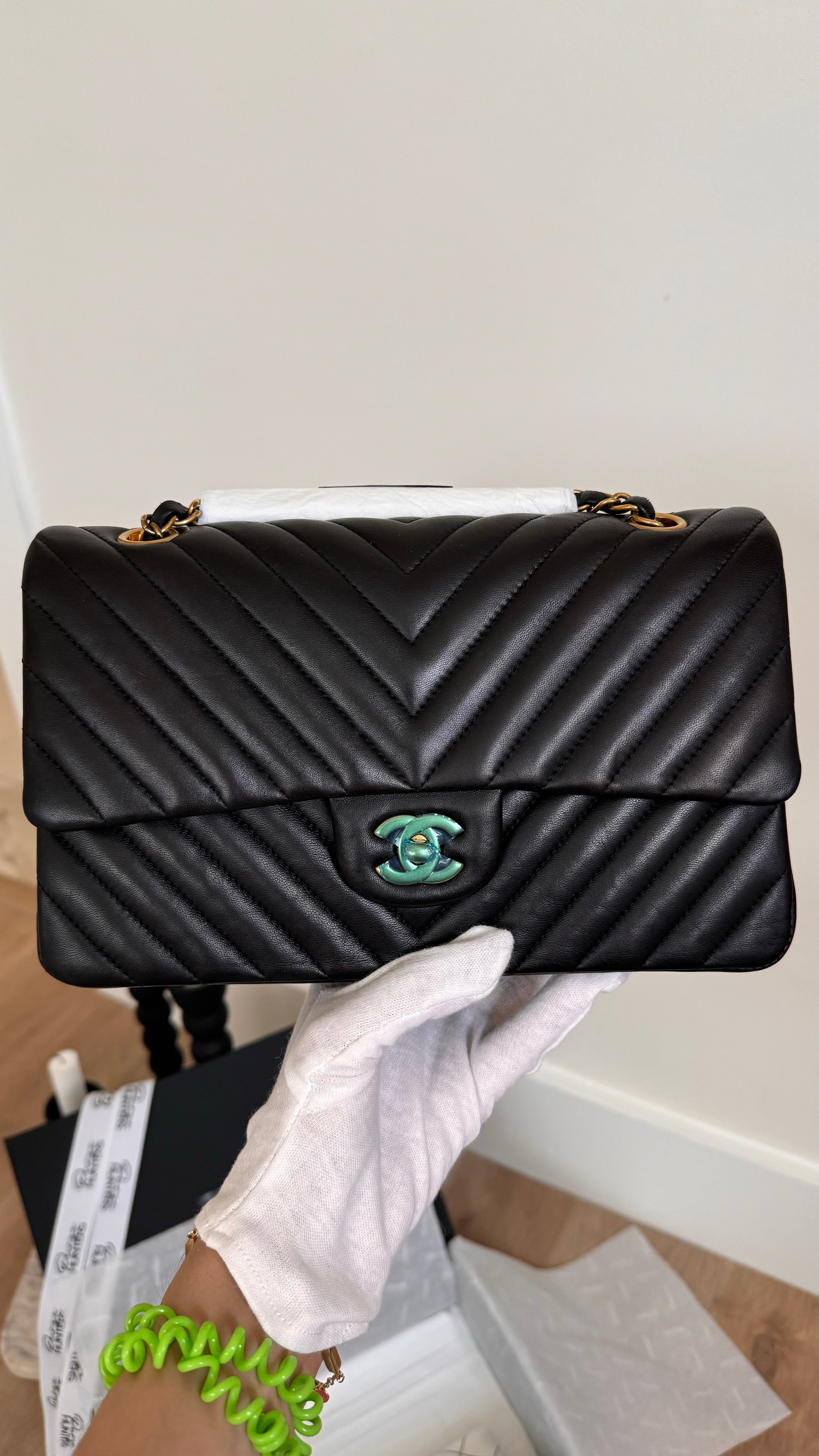 CC Classic Medium Double Flap in Black Chevron Lambskin with GHW