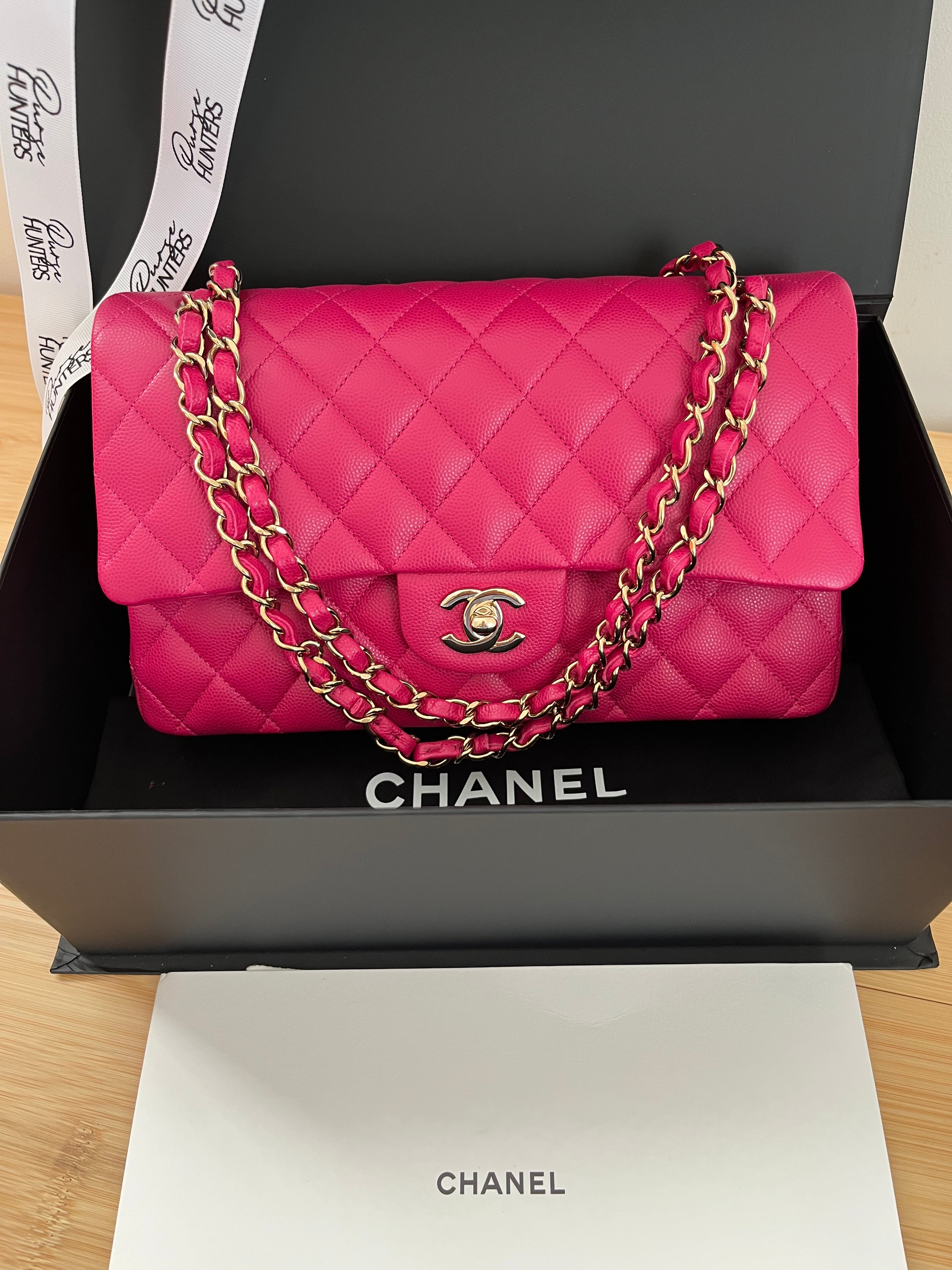 22A Chanel Classic Medium Double Flap In Red Raspberry Pink Caviar Gold Hardware