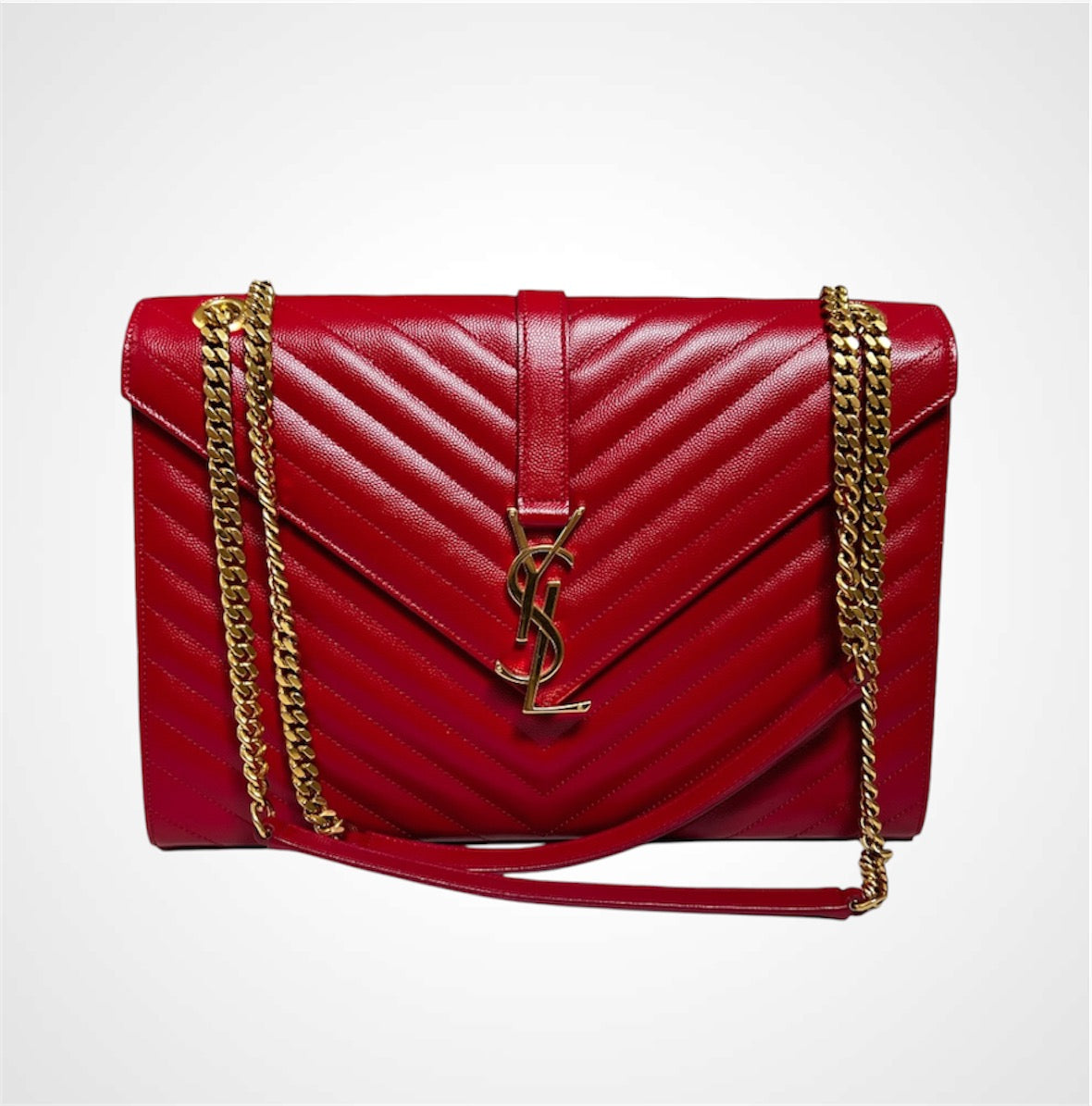 YSL Envelope Large In Red Grained Calfskin With GHW