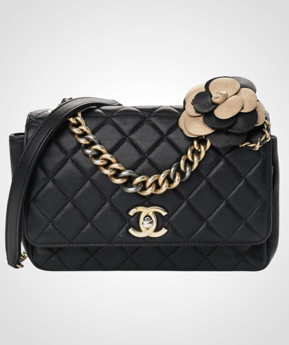Chanel Black Quilted Leather Shoulder Bag with Two-Tone Camellia Charm – Full Set