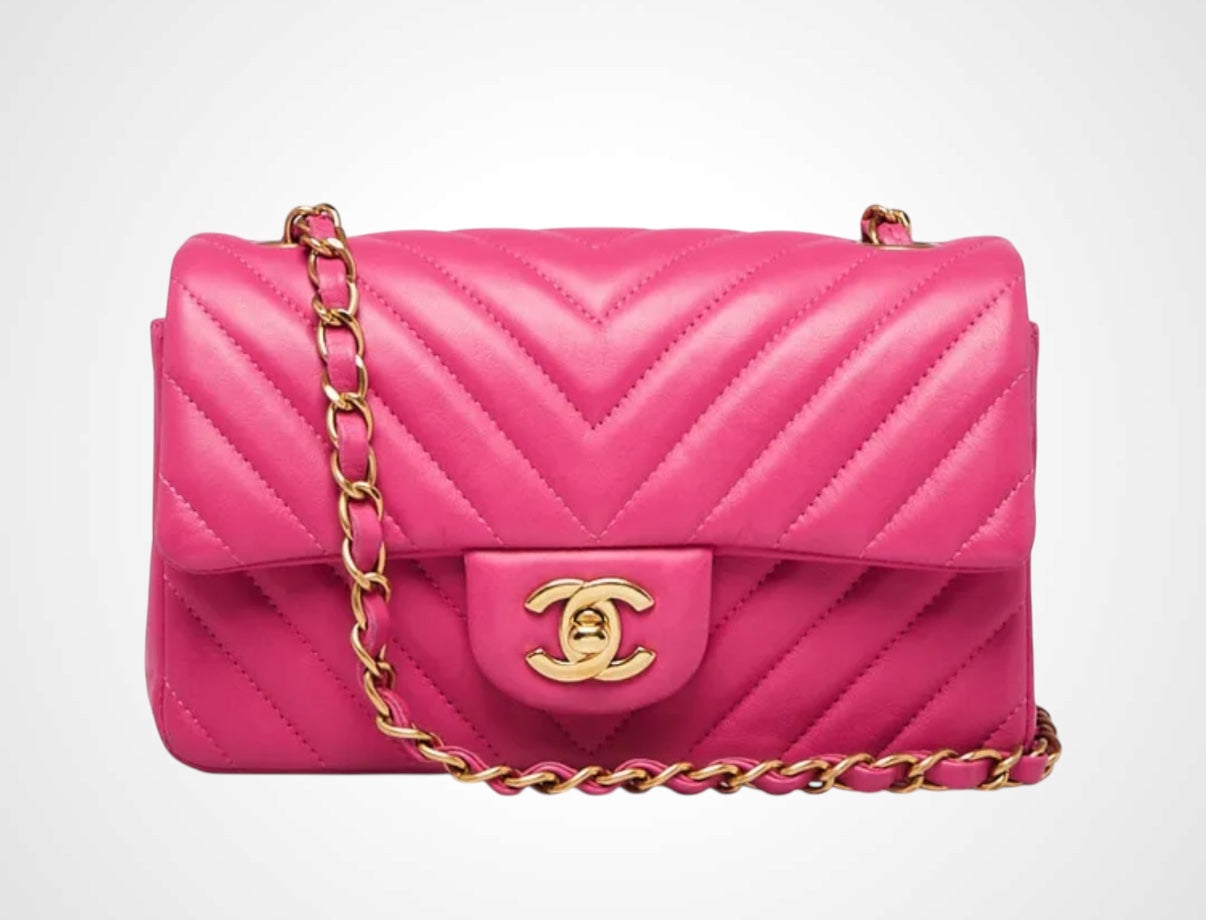 CC Mini Rectangular Chevron in Pink Lambskin GHW
