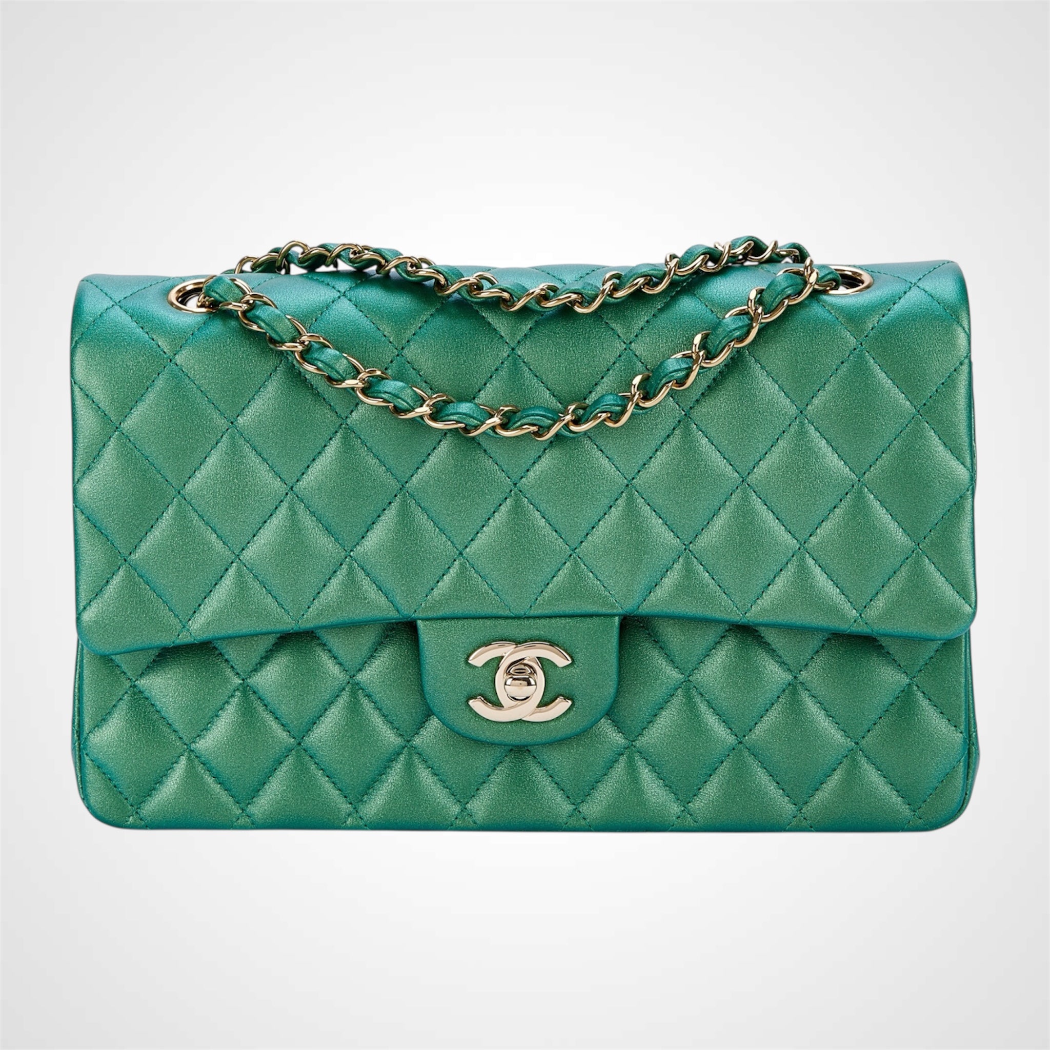22A Chanel Classic Medium Double Flap In Emerald Green Iridescent Lambskin Gold Hardware