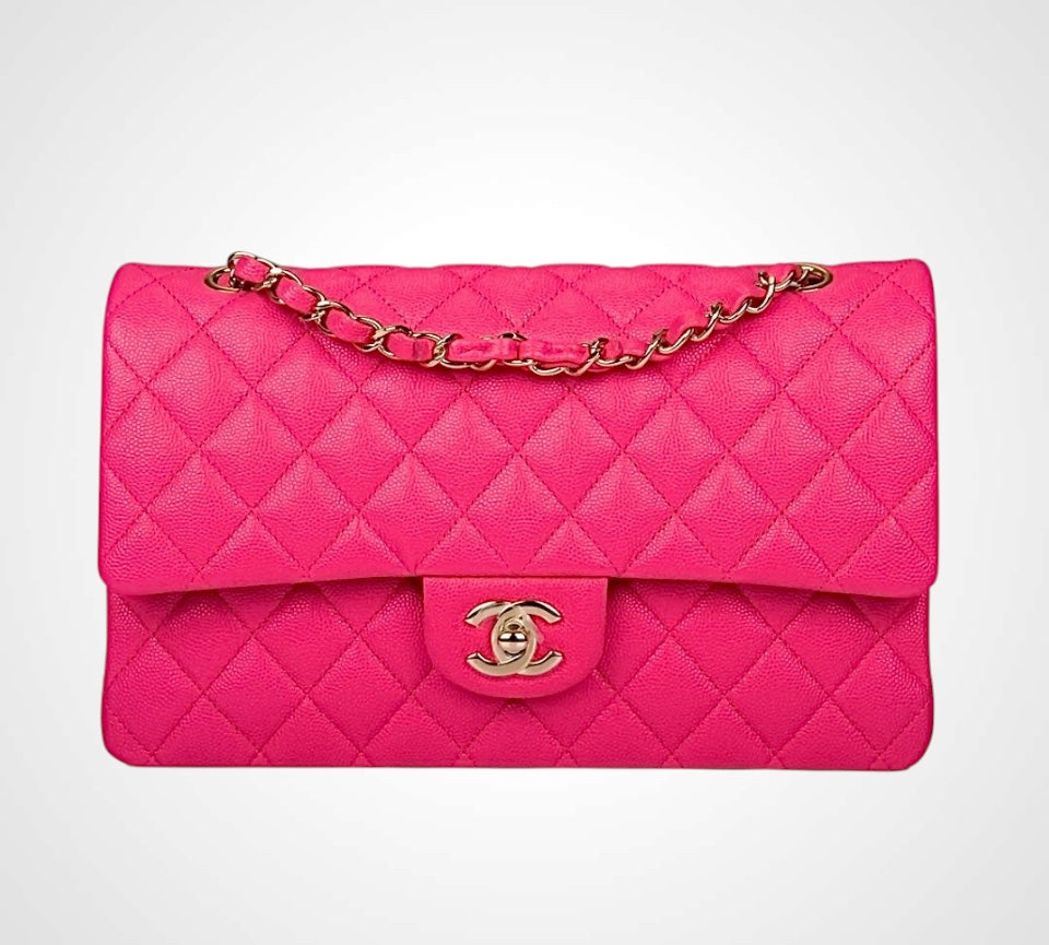 22A Chanel Classic Medium Double Flap In Red Raspberry Pink Caviar Gold Hardware