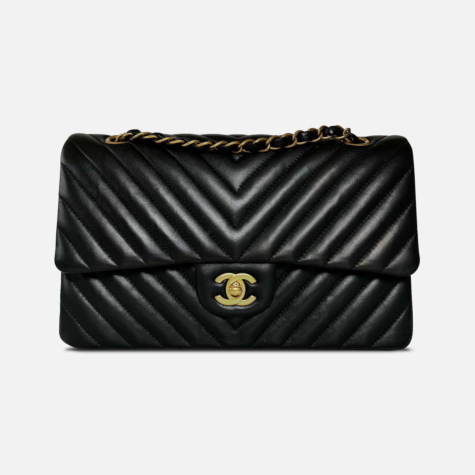 CC Classic Medium Double Flap in Black Chevron Lambskin with GHW
