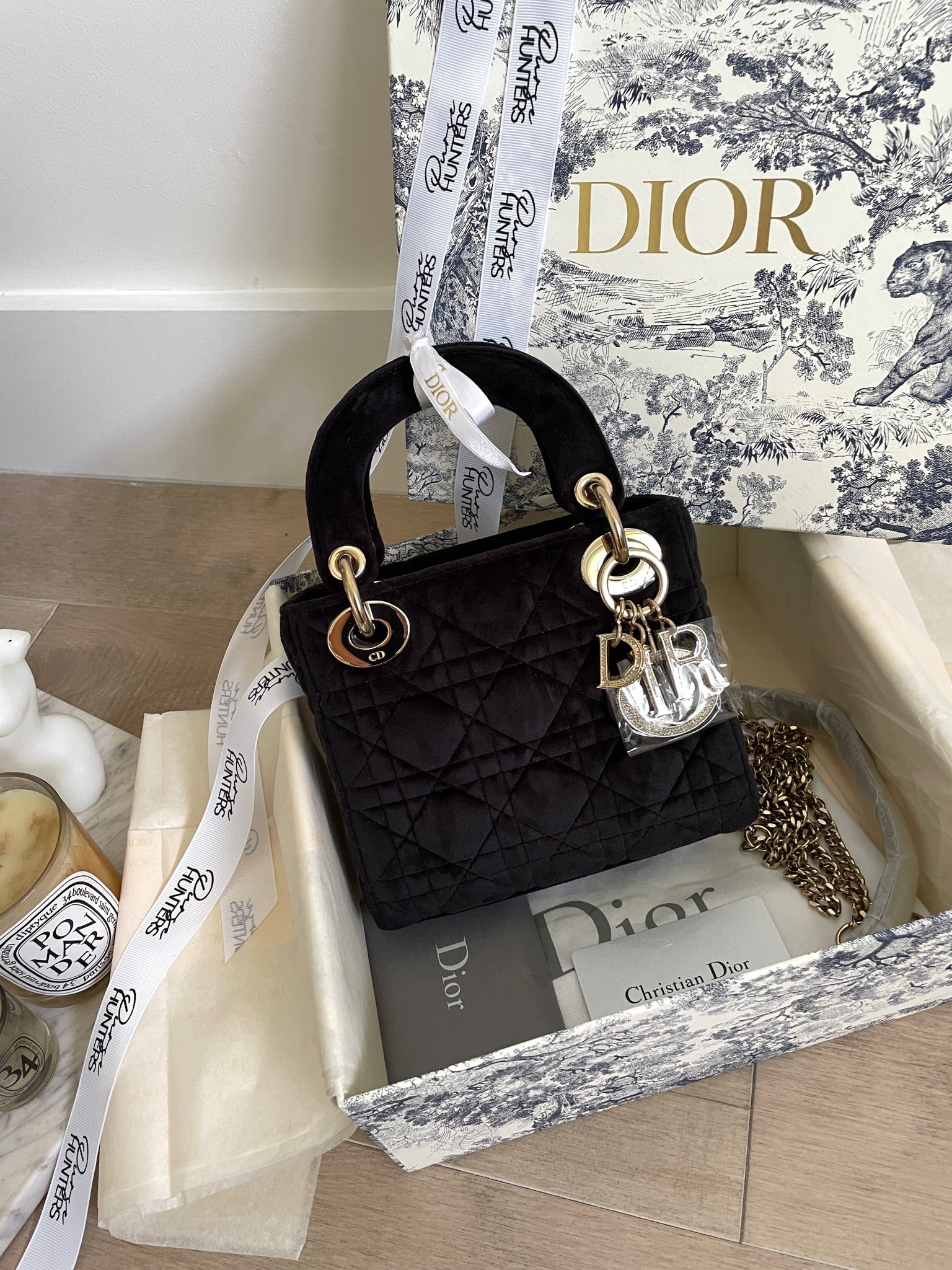 100% authentic Dior Lady Dior Bag Velvet Mini in black with rhinestone