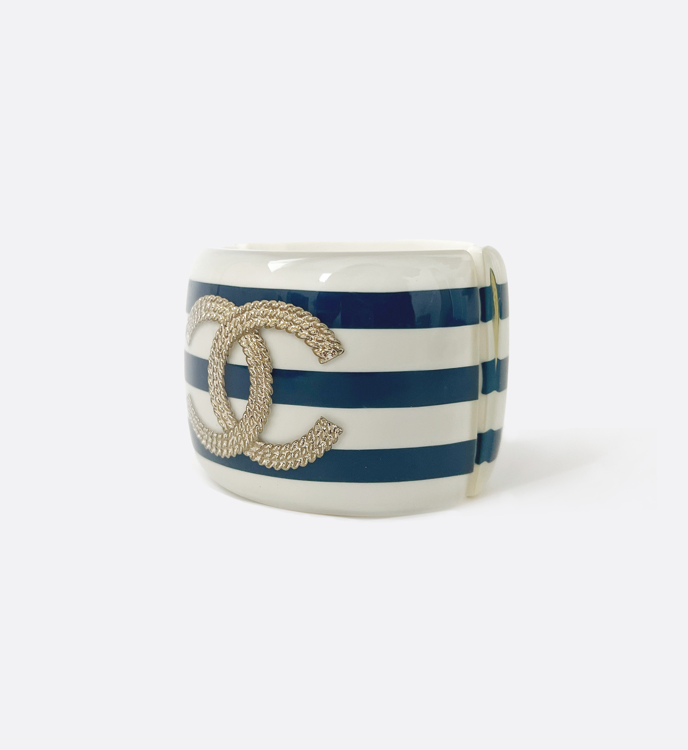 White/Blue Stripe Resin CC Wide Cuff Bracelet