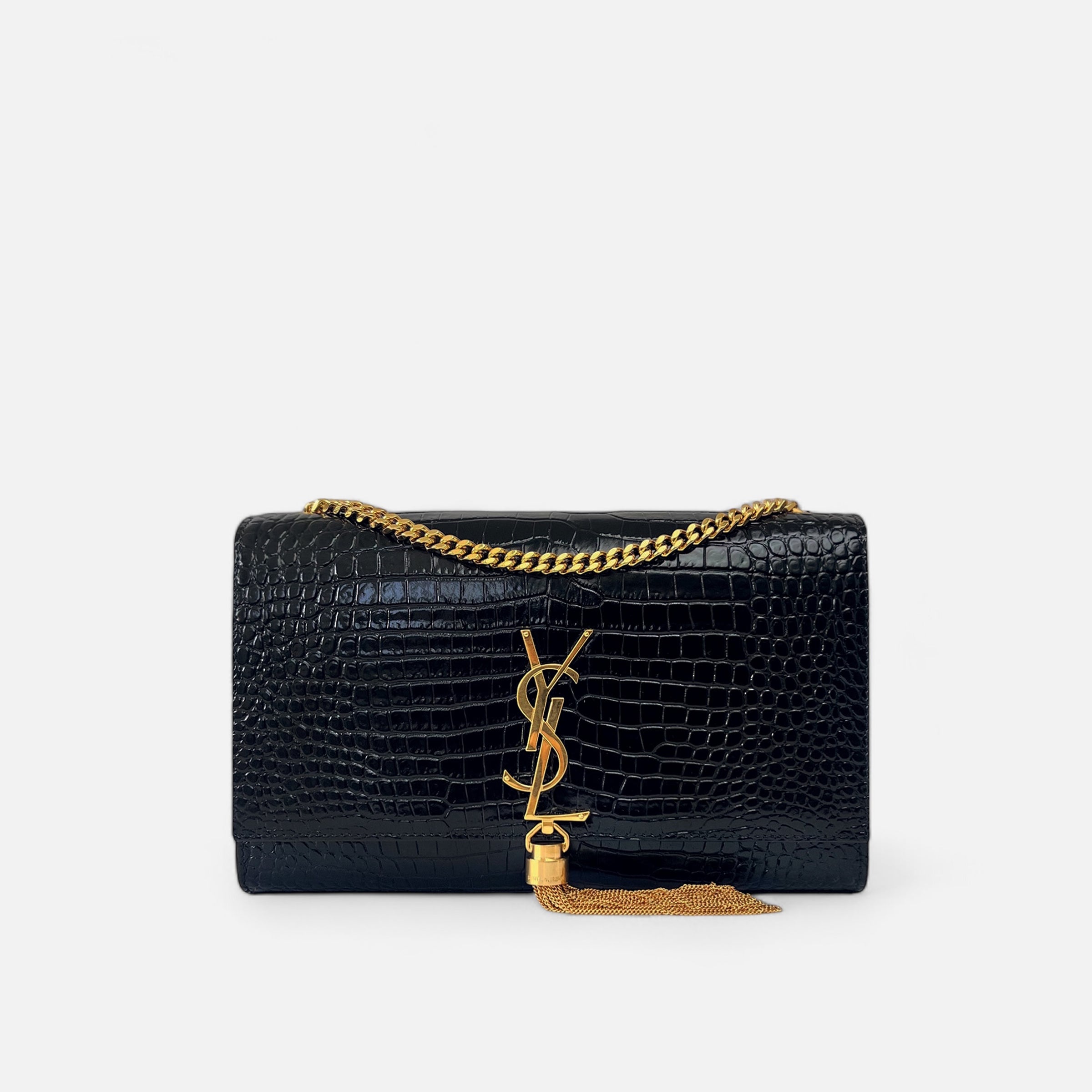 YSL Kate Medium Tassel in Crocodile-Embossed Leather